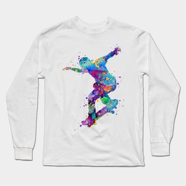 Boy Skateboard Colorful Watercolor Silhouette Long Sleeve T-Shirt by LotusGifts